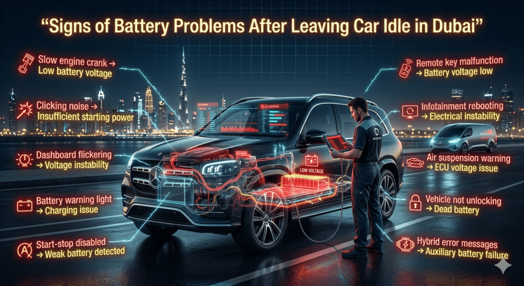 Luxury Dubai car battery warning diagnostic scene showing floating symptom-based signs of battery failure with AI scanning and low voltage alerts.