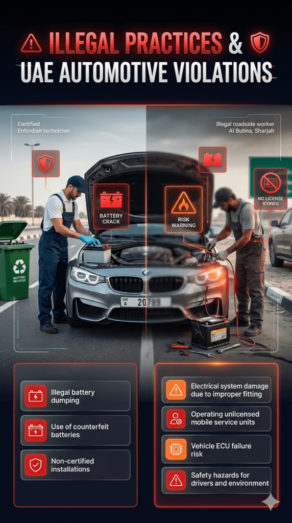Automotive compliance warning infographic showing illegal battery replacement practices in UAE including counterfeit batteries, unlicensed technicians, improper installation, and environmental violations in Al Butina Sharjah.