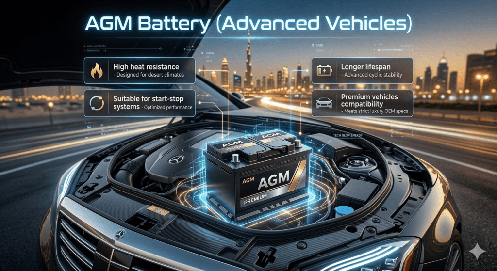 AGM Battery (Advanced Vehicles) β Premium Roadside Replacement Service Dubai Luxury car AGM battery installation with premium roadside service in Dubai highlighting heat resistance, start-stop compatibility, and long lifespan features.