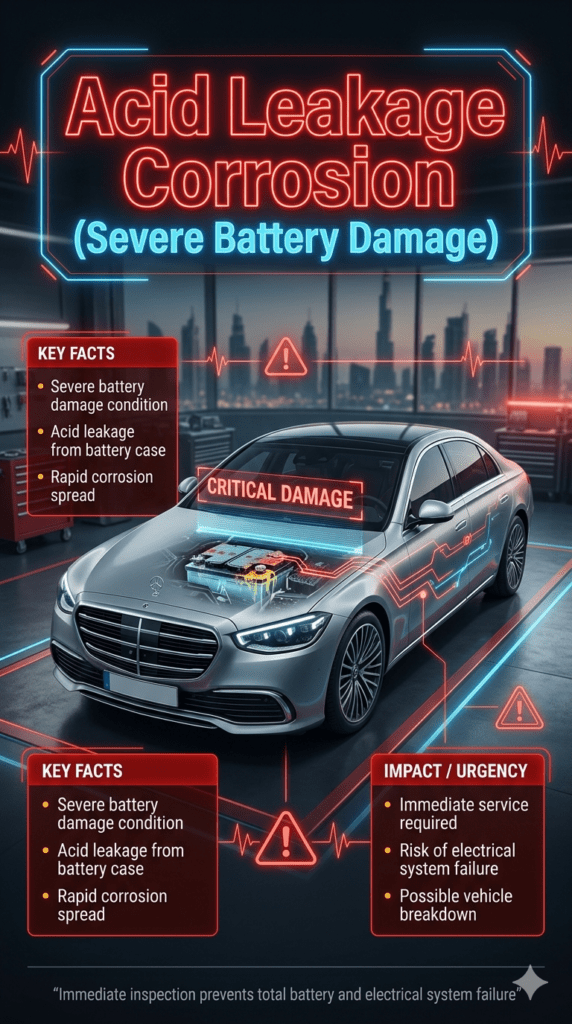 Luxury Dubai automotive infographic showing severe acid leakage corrosion in car battery with warning alerts, futuristic diagnostic UI, and premium vehicle workshop environment.