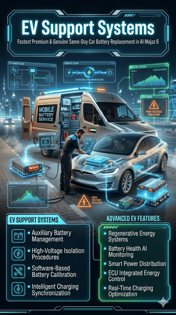 Electric vehicle support systems infographic showing auxiliary battery management, high-voltage isolation, and EV charging calibration in Al Majaz 6 UAE.