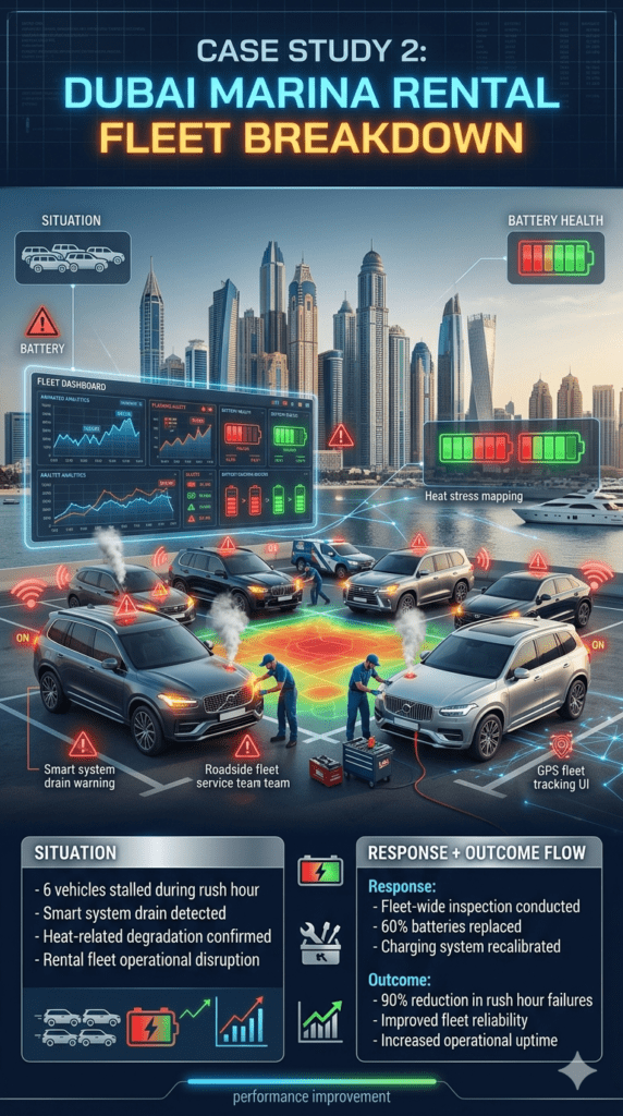 Dubai Marina rental fleet battery failure case study showing multiple SUV breakdowns, smart system drain issues, heat-related damage, and fleet-wide battery replacement with improved reliability.