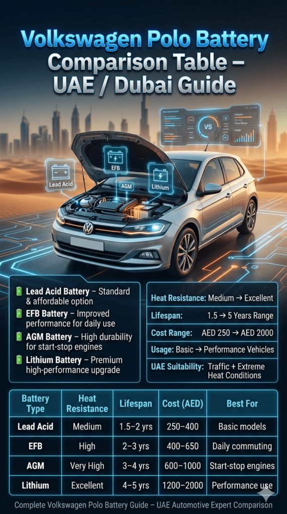 Volkswagen Polo battery comparison infographic showing lead acid, EFB, AGM, and lithium batteries with heat resistance, lifespan, cost, and best use cases in UAE Dubai automotive environment.
