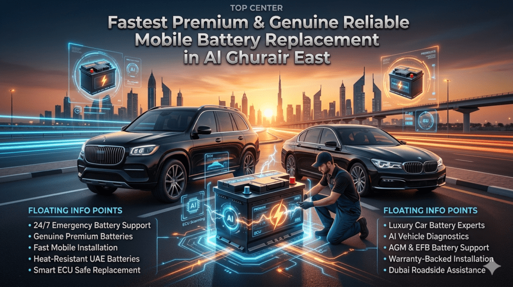 Premium mobile car battery replacement service in Al Ghurair East Dubai showing luxury vehicles, professional technician, genuine battery installation, AI diagnostics, and emergency roadside automotive support.
