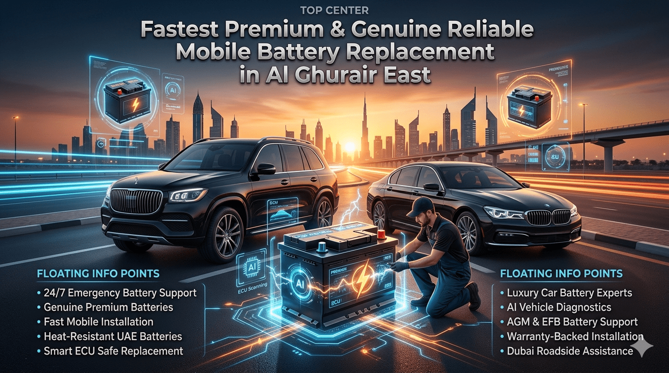 Premium mobile car battery replacement service in Al Ghurair East Dubai showing luxury vehicles, professional technician, genuine battery installation, AI diagnostics, and emergency roadside automotive support.