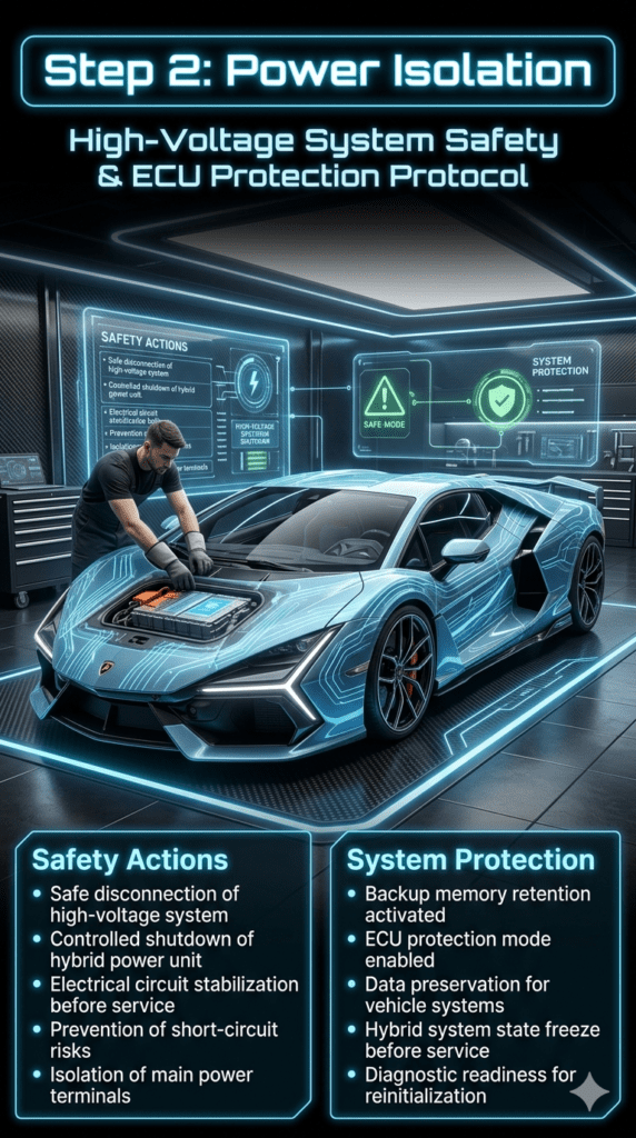 Futuristic infographic showing a supercar in a Dubai workshop during power isolation step with high-voltage system safely disconnected and ECU protection activated.