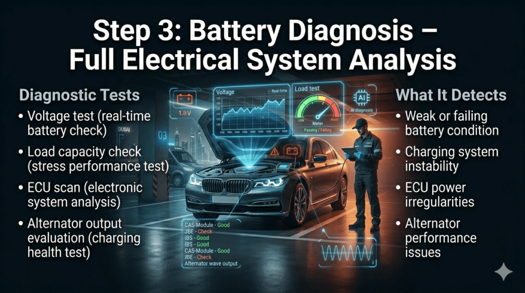 Luxury Dubai underground parking scene showing car battery diagnostic process with voltage test, ECU scan, load capacity check, and alternator evaluation using digital tools.