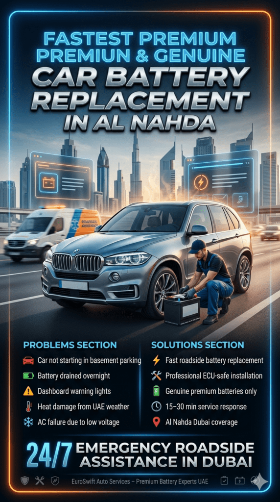 Premium infographic showing fastest car battery replacement in Al Nahda Dubai with luxury vehicle, roadside technician, and emergency battery service solutions in extreme UAE heat conditions.