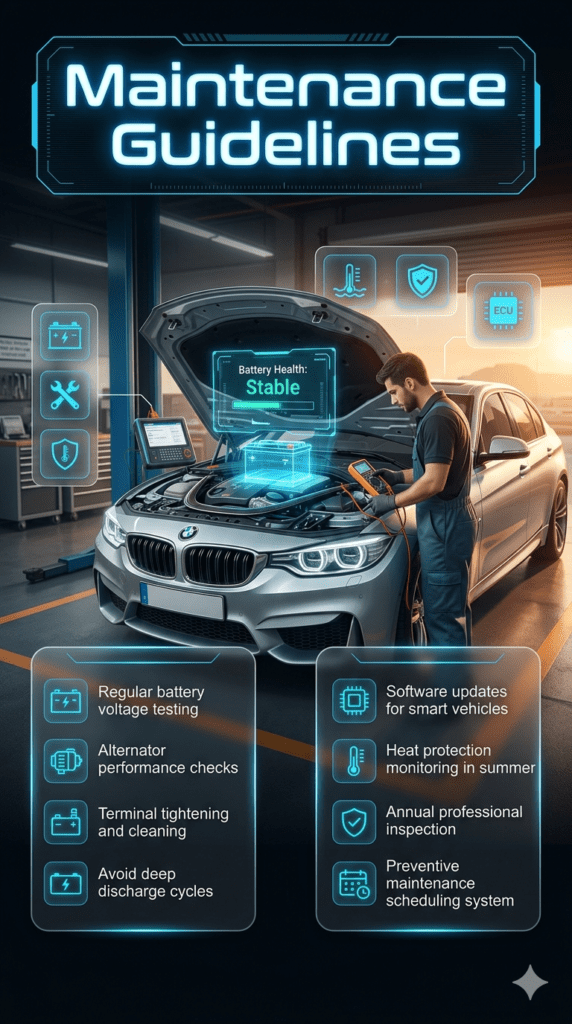 Professional car battery maintenance infographic in Al Rolla Sharjah showing technician performing voltage testing, alternator checks, terminal cleaning, and smart vehicle diagnostics after battery replacement.