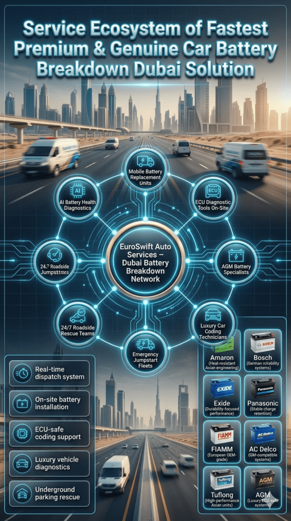 Futuristic infographic showing the service ecosystem of Fastest Premium & Genuine Car Battery Breakdown Dubai Solution, with a central EuroSwift Auto Services network node, connected roadside units, ECU diagnostics, and premium battery brands in a Dubai luxury automotive setting.