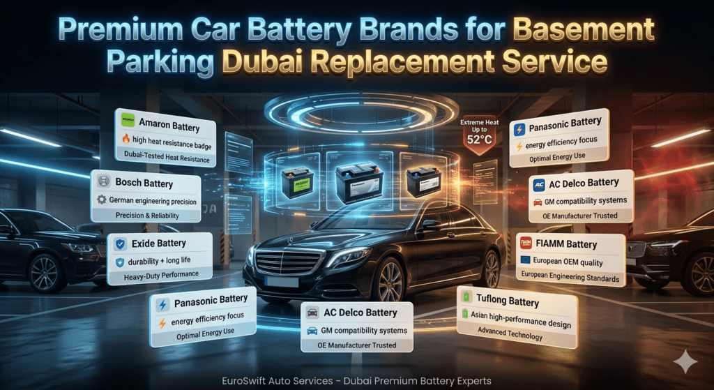 Premium car battery brands infographic showing Amaron, Bosch, Exide, Panasonic, AC Delco, FIAMM, and Tuflong batteries used for basement parking car battery replacement in Dubai with luxury vehicle and AI diagnostic overlay.