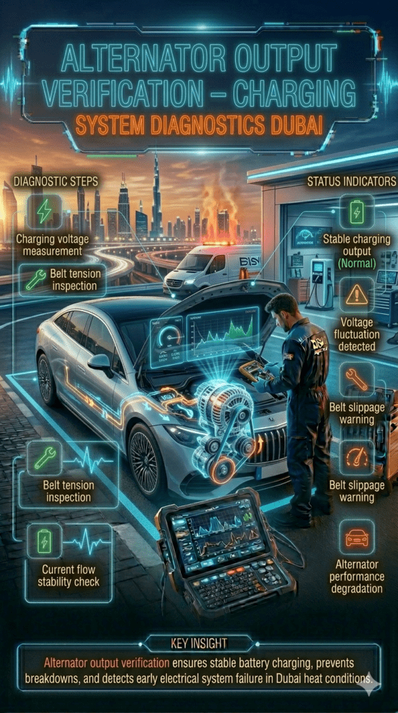 Alternator output verification diagnostic scene in Dubai showing luxury car engine with voltage measurement, belt tension inspection, and current flow analysis using mobile diagnostic tools.