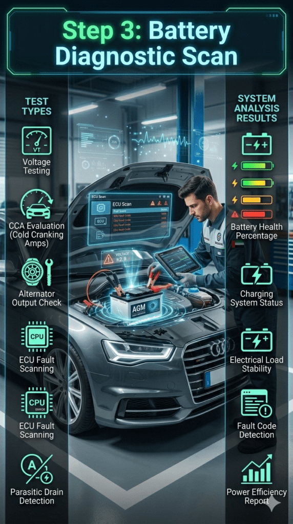 Step 3: Battery Diagnostic Scan – Advanced Vehicle Electrical Health Check Automotive battery diagnostic scan showing voltage testing, CCA evaluation, alternator check, ECU scanning, and parasitic drain detection on a luxury car inside a modern workshop.