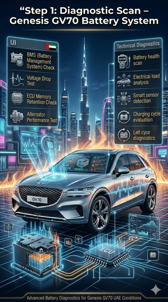 Luxury diagnostic infographic showing Genesis GV70 battery system scan in UAE Dubai, including BMS check, voltage drop test, ECU memory retention, and alternator performance testing in a futuristic service environment.