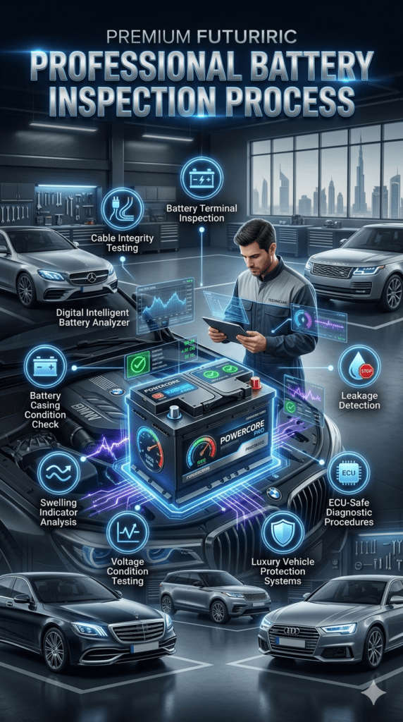 Premium automotive battery inspection infographic showing technicians checking battery terminals, cables, casing, leakage, swelling, voltage condition, and ECU-safe diagnostics for luxury vehicles.