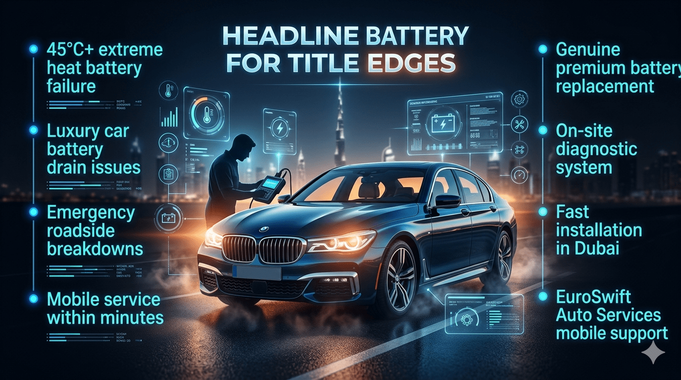 Fastest premium and genuine car battery fix near me Dubai showing luxury car emergency battery replacement service with mobile technician and Dubai skyline background