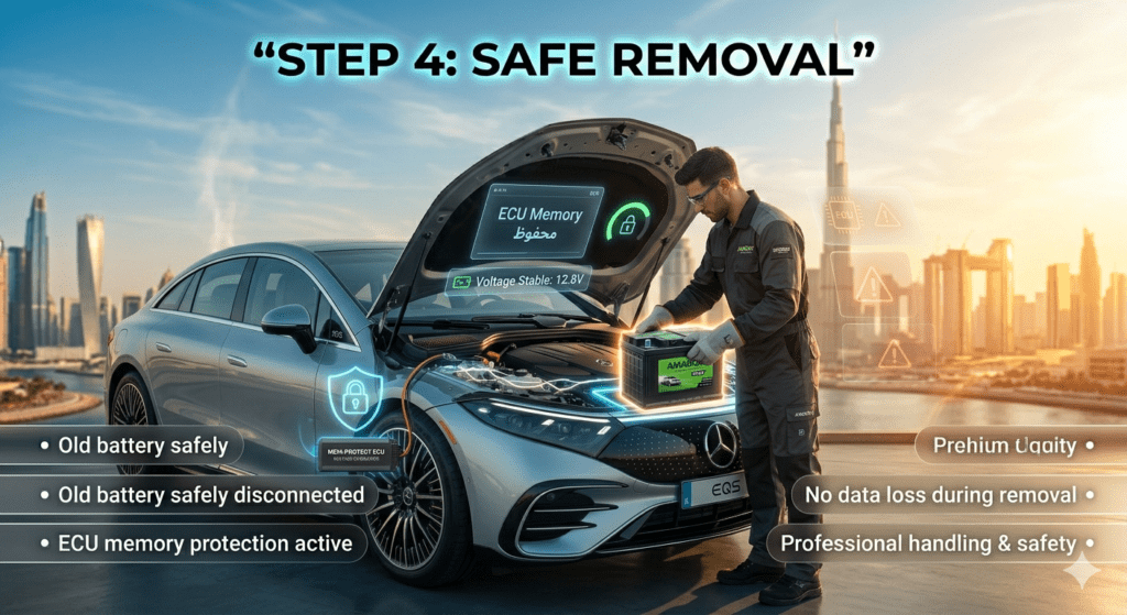 Technician safely removing car battery in Dubai using ECU memory protection device to prevent data loss in a luxury vehicle.