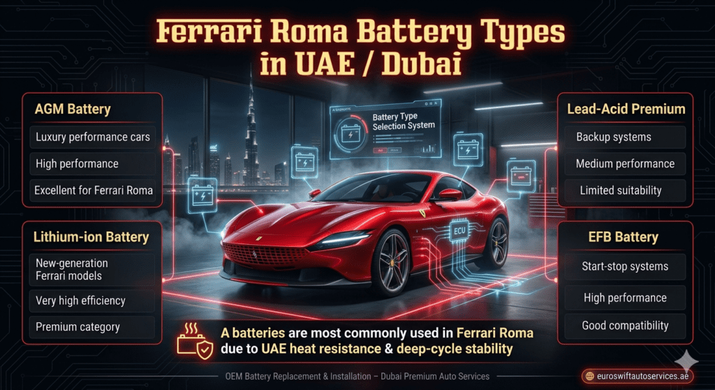 Ferrari Roma displayed in a futuristic Dubai garage with holographic battery type comparison panels showing AGM, Lithium-ion, EFB, and Lead-Acid options for UAE car battery replacement.