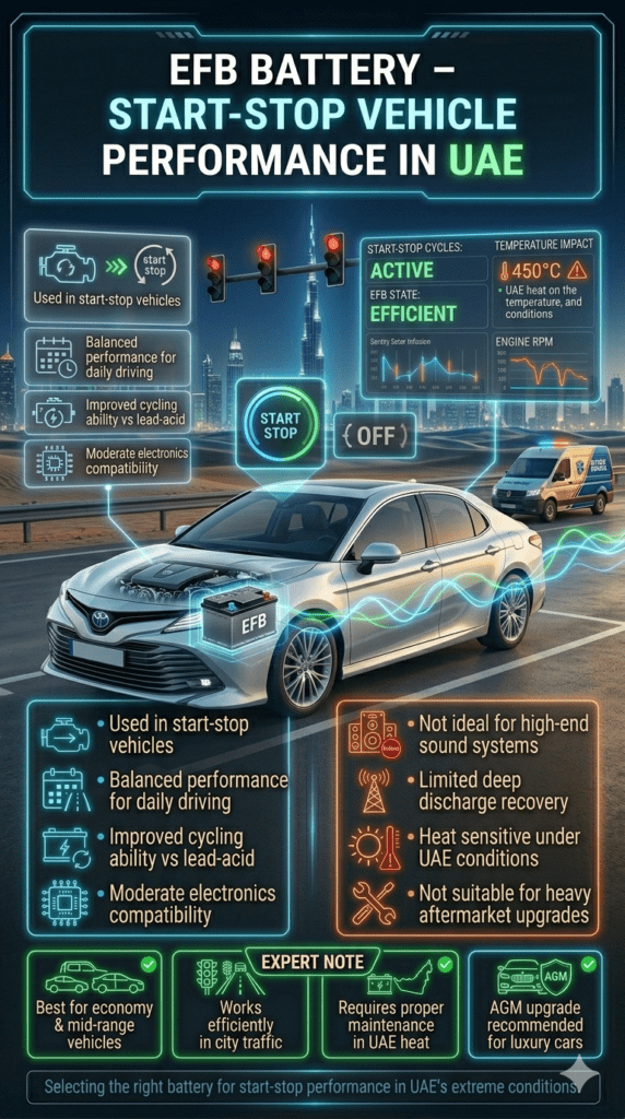 EFB Battery Performance in UAE Start-Stop Cars – Balanced Efficiency Guide EFB battery used in start-stop vehicle showing Dubai traffic driving conditions and infographic panels explaining features and limitations.