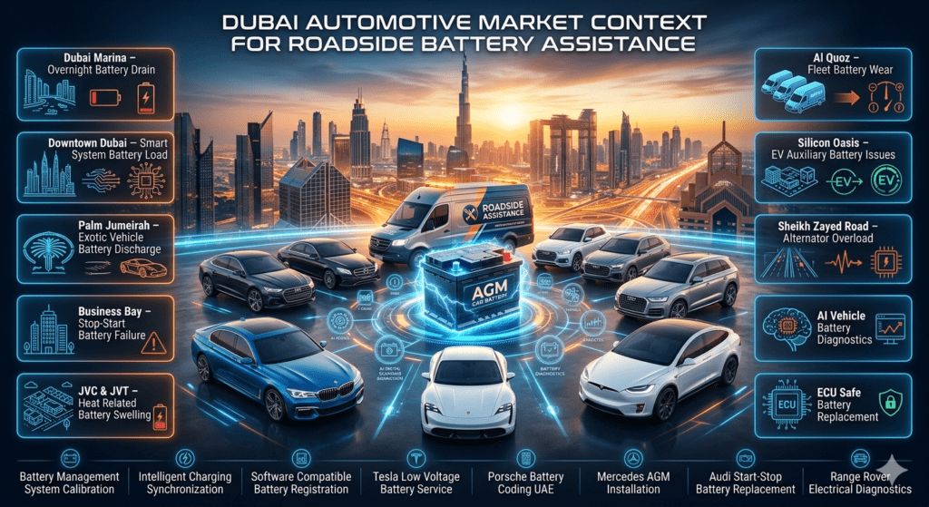 Luxury Dubai roadside battery assistance infographic showing AI battery diagnostics, premium vehicles, AGM batteries, and advanced roadside support services across major Dubai locations.