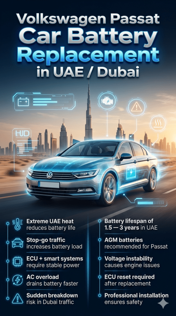 Volkswagen Passat car battery replacement infographic showing Dubai heat impact, battery warning signs, and professional replacement guidance with modern automotive design and city skyline background.