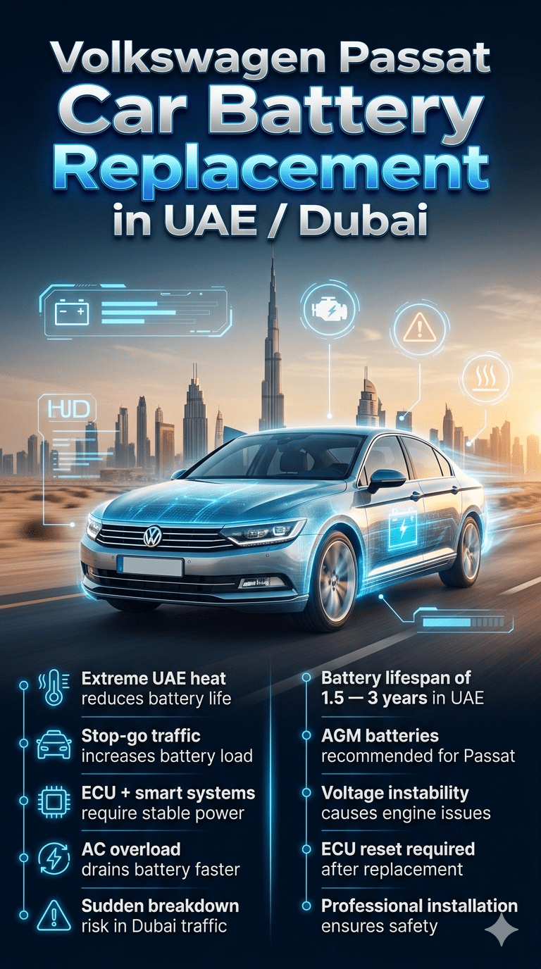 Volkswagen Passat car battery replacement infographic showing Dubai heat impact, battery warning signs, and professional replacement guidance with modern automotive design and city skyline background.