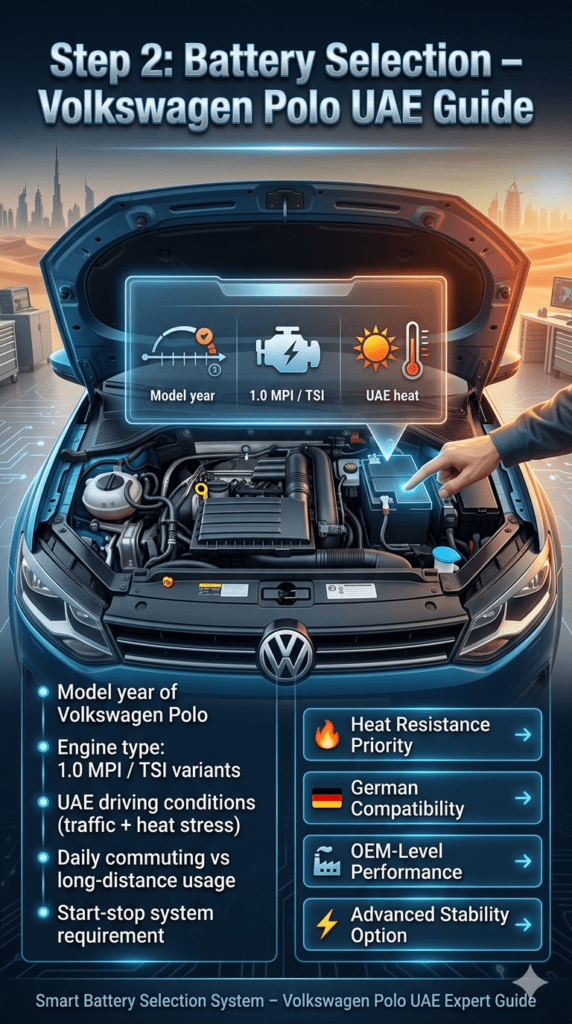 Volkswagen Polo battery selection guide showing engine bay with holographic selection panel based on model year, engine type, UAE driving conditions, and recommended battery brands for heat resistance and OEM performance.