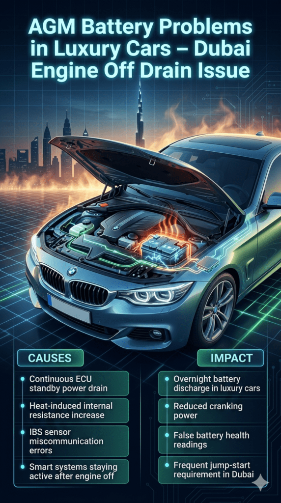 Luxury car AGM battery diagnostic showing engine-off electrical drain, ECU load, and heat effects in Dubai conditions.