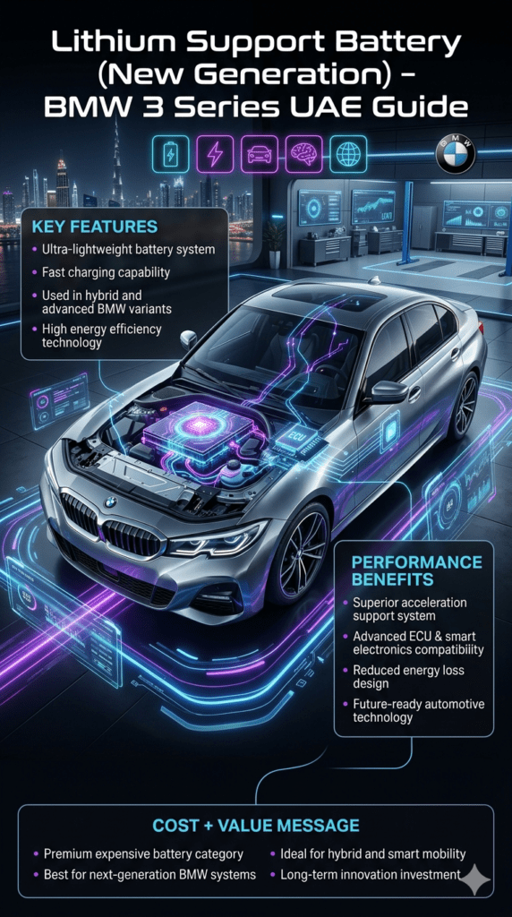 Infographic showing BMW 3 Series hybrid system with lithium support battery highlighted, representing lightweight design, fast charging capability, advanced ECU integration, and future-ready automotive technology in UAE conditions.