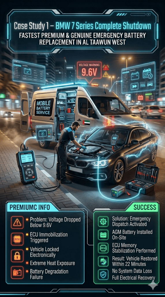 Case Study β BMW 7 Series Complete Electrical Shutdown in Al Taawun West BMW 7 Series roadside electrical shutdown in Al Taawun West showing AGM battery replacement, ECU stabilization, and emergency roadside technician support in UAE.