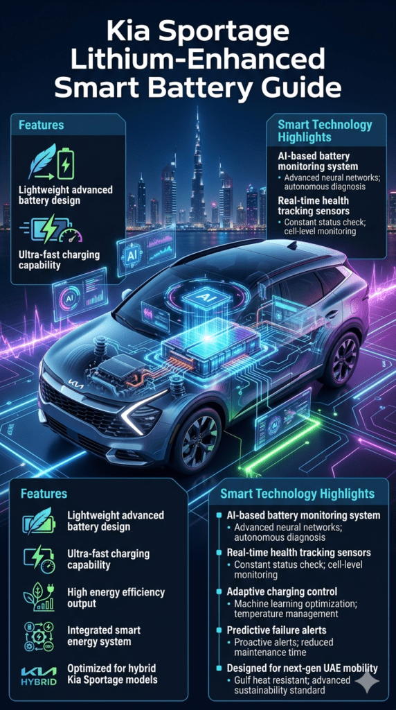 Kia Sportage lithium-enhanced smart battery infographic showing futuristic hybrid SUV with AI-powered battery system, left side features like fast charging and lightweight design, right side AI monitoring and smart energy control in modern UAE setting.