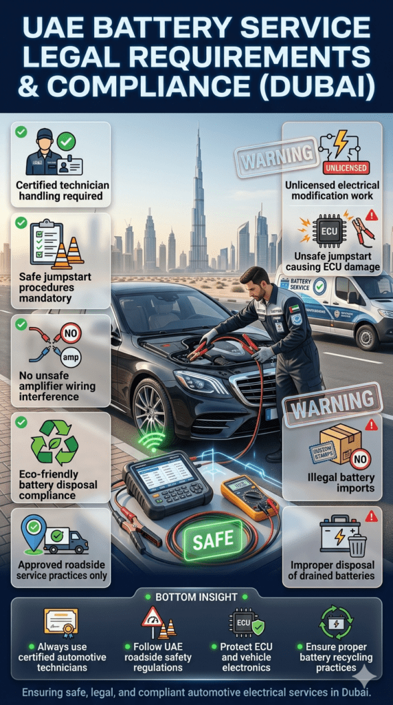 UAE Legal Requirements for Car Battery & Music System Services – Dubai Safety Compliance Guide Dubai UAE car battery service compliance infographic showing certified technician jumpstart process, safety regulations, and violation warnings for automotive electrical services.