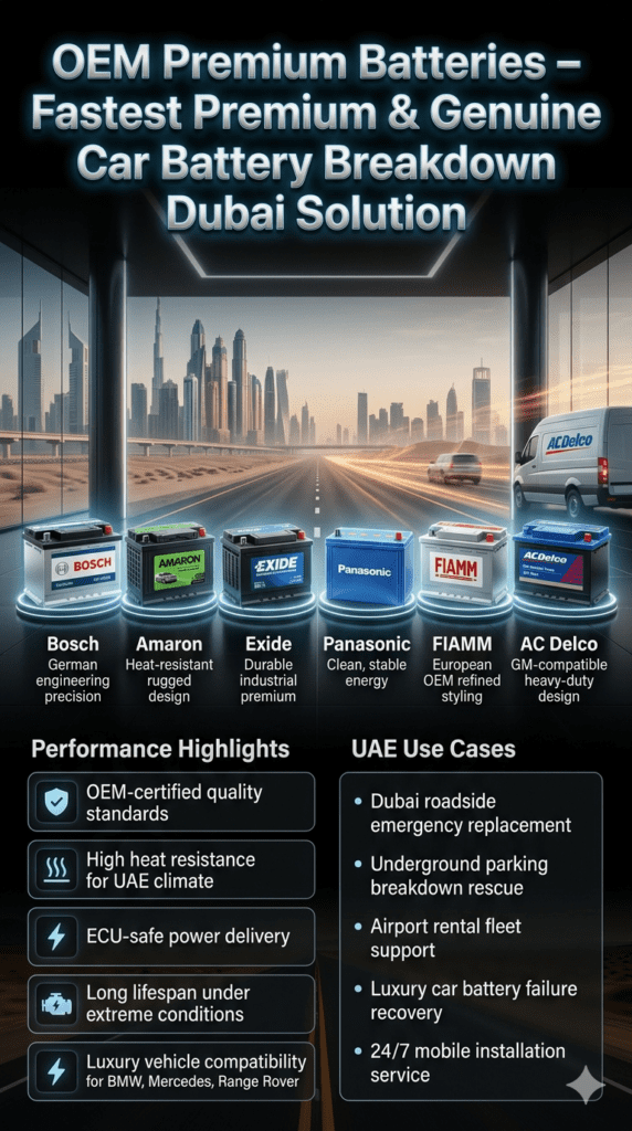 Luxury automotive infographic showing OEM premium car batteries including Bosch, Amaron, Exide, Panasonic, FIAMM, and AC Delco used in Dubai emergency car battery breakdown services.