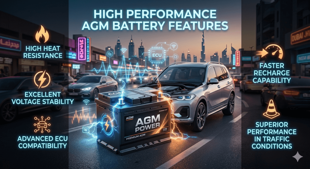 Premium AGM car battery infographic showing high heat resistance, voltage stability, ECU compatibility, and superior traffic performance for UAE vehicles.