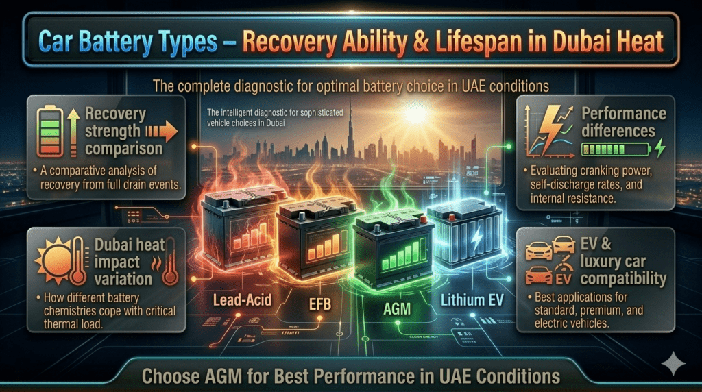 Car battery comparison infographic showing Lead-Acid, EFB, AGM, and Lithium EV batteries with recovery ability and lifespan in Dubai heat conditions