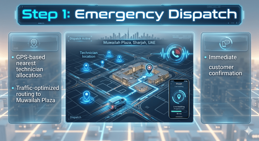 Infographic showing emergency dispatch system for car battery replacement with GPS tracking, technician allocation, traffic routing, and customer confirmation in Muwailah Plaza.