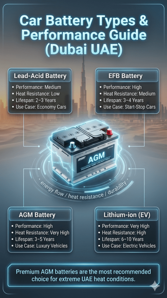 Automotive infographic showing different car battery types including AGM, lead-acid, EFB, and lithium-ion with performance, heat resistance, lifespan, and use case comparison for Dubai vehicles.