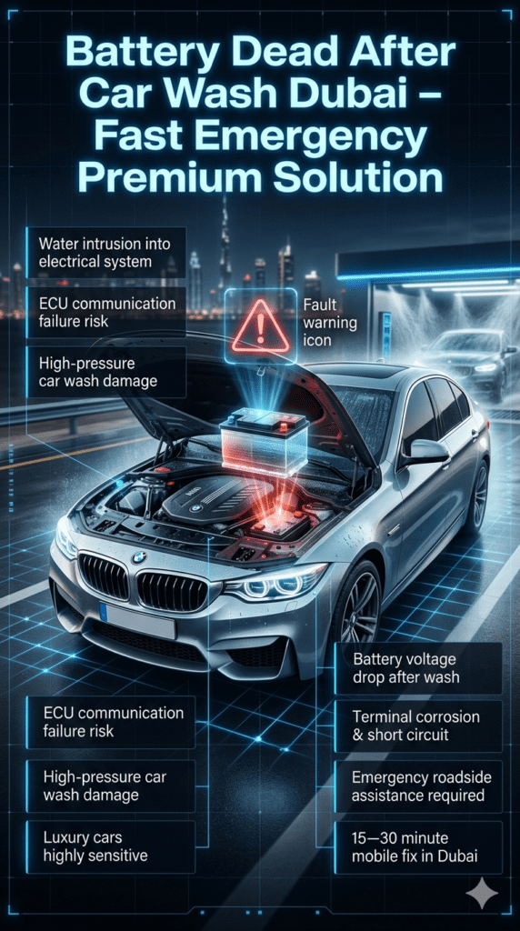 Battery dead after car wash Dubai infographic showing water damage in luxury cars, ECU failure risk, and emergency roadside battery replacement service in UAE.