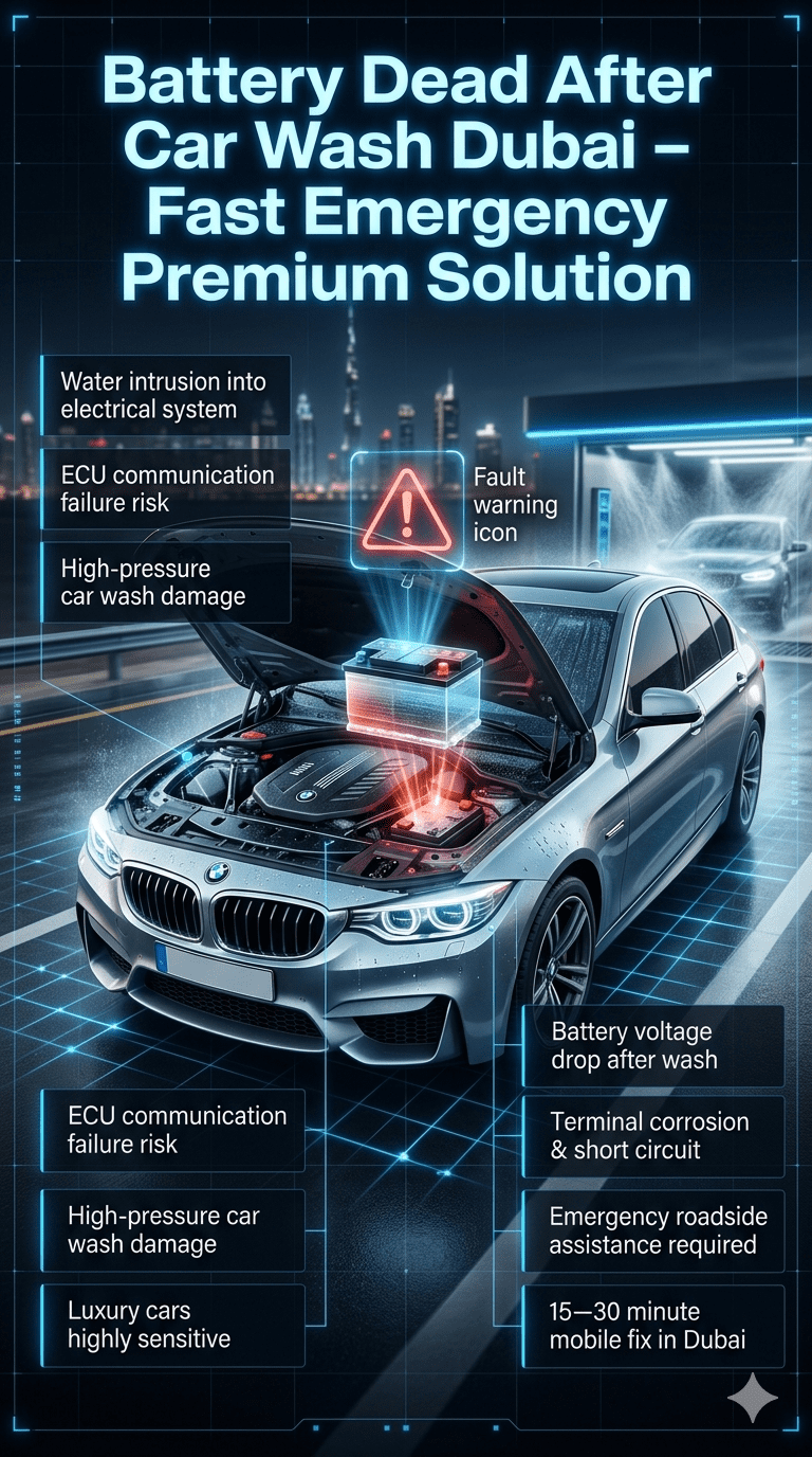 Battery dead after car wash Dubai infographic showing water damage in luxury cars, ECU failure risk, and emergency roadside battery replacement service in UAE.