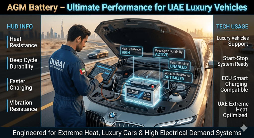 AGM Battery – Premium Power for Luxury & Start-Stop Vehicles Dubai AGM car battery installed in luxury vehicle engine bay in Dubai with technician performing diagnostic test showing heat resistance, deep cycle durability, and fast charging features