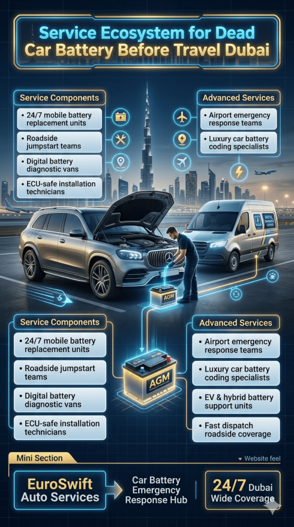 Luxury infographic showing Fastest Premium & Genuine Dead Car Battery Before Travel Dubai service ecosystem, featuring roadside technicians, mobile diagnostic vans, airport emergency response, and premium battery installation services in Dubai city.