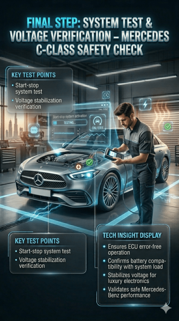 Mercedes-Benz C-Class final battery testing infographic showing start-stop system test and voltage stabilization verification in Dubai workshop ensuring safe ECU error-free car battery replacement process.