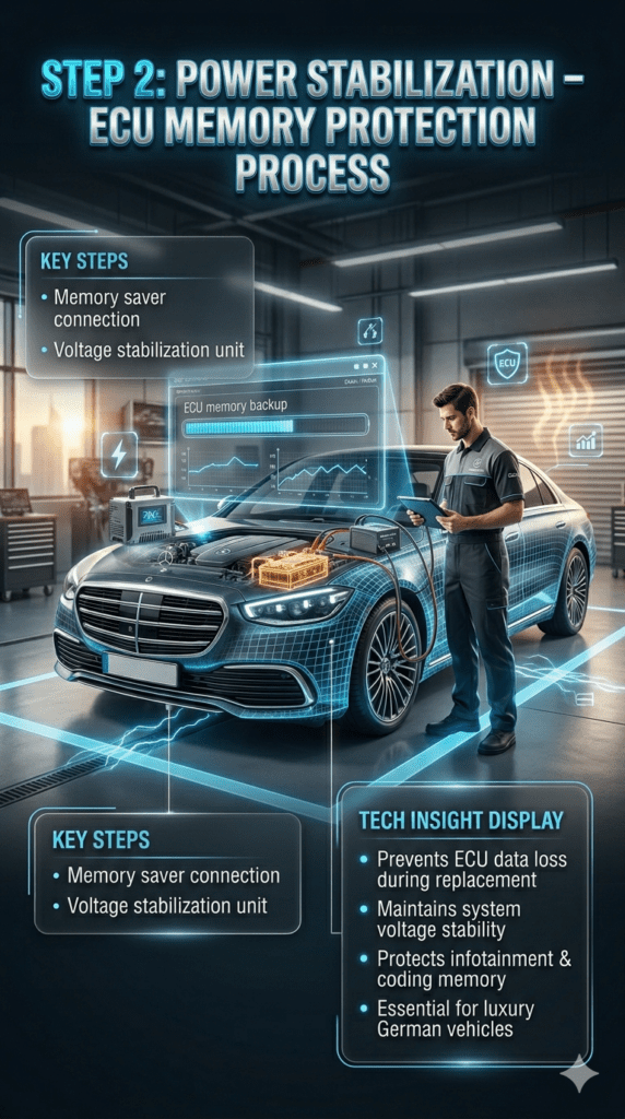Car battery power stabilization infographic showing memory saver connection and voltage stabilization unit in luxury vehicle workshop in Dubai, protecting ECU memory during battery replacement in Mercedes BMW cars.