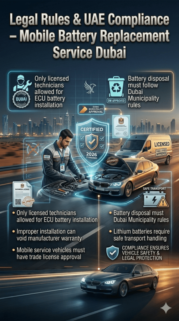 Infographic showing UAE legal rules and compliance requirements for mobile car battery replacement service in Dubai including licensing, safety, and battery disposal regulations.