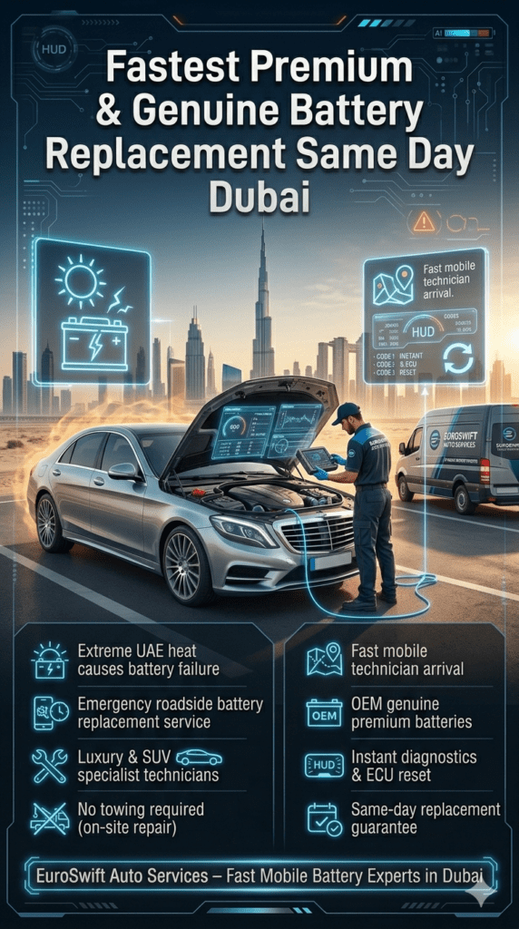 Premium infographic showing types of car batteries used in Dubai including AGM, EFB, Lead-Acid, Lithium Hybrid, and OEM batteries with luxury automotive branding and modern UI design.