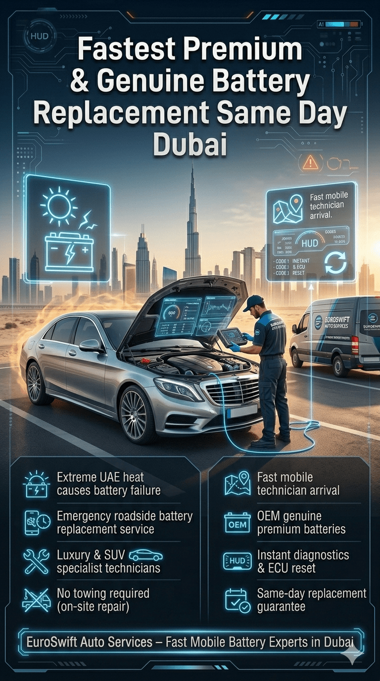Luxury car battery replacement in Dubai showing mobile technician replacing BMW battery roadside with Dubai skyline, emergency same-day service infographic.