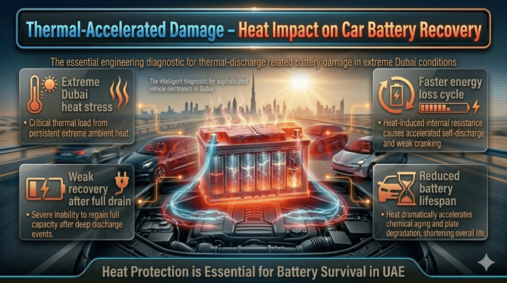 Car battery thermal damage infographic showing Dubai extreme heat reducing battery recovery after full discharge and causing faster battery degradation