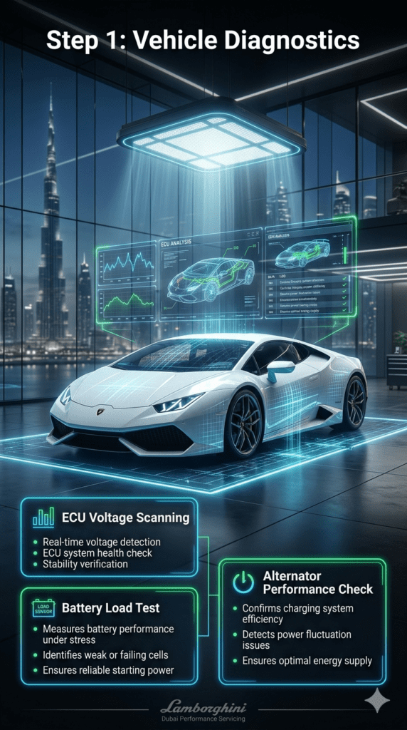 Luxury automotive diagnostic infographic showing Step 1: Vehicle Diagnostics with ECU scanning, battery load test, and alternator performance check on a Lamborghini Huracán in a futuristic garage.