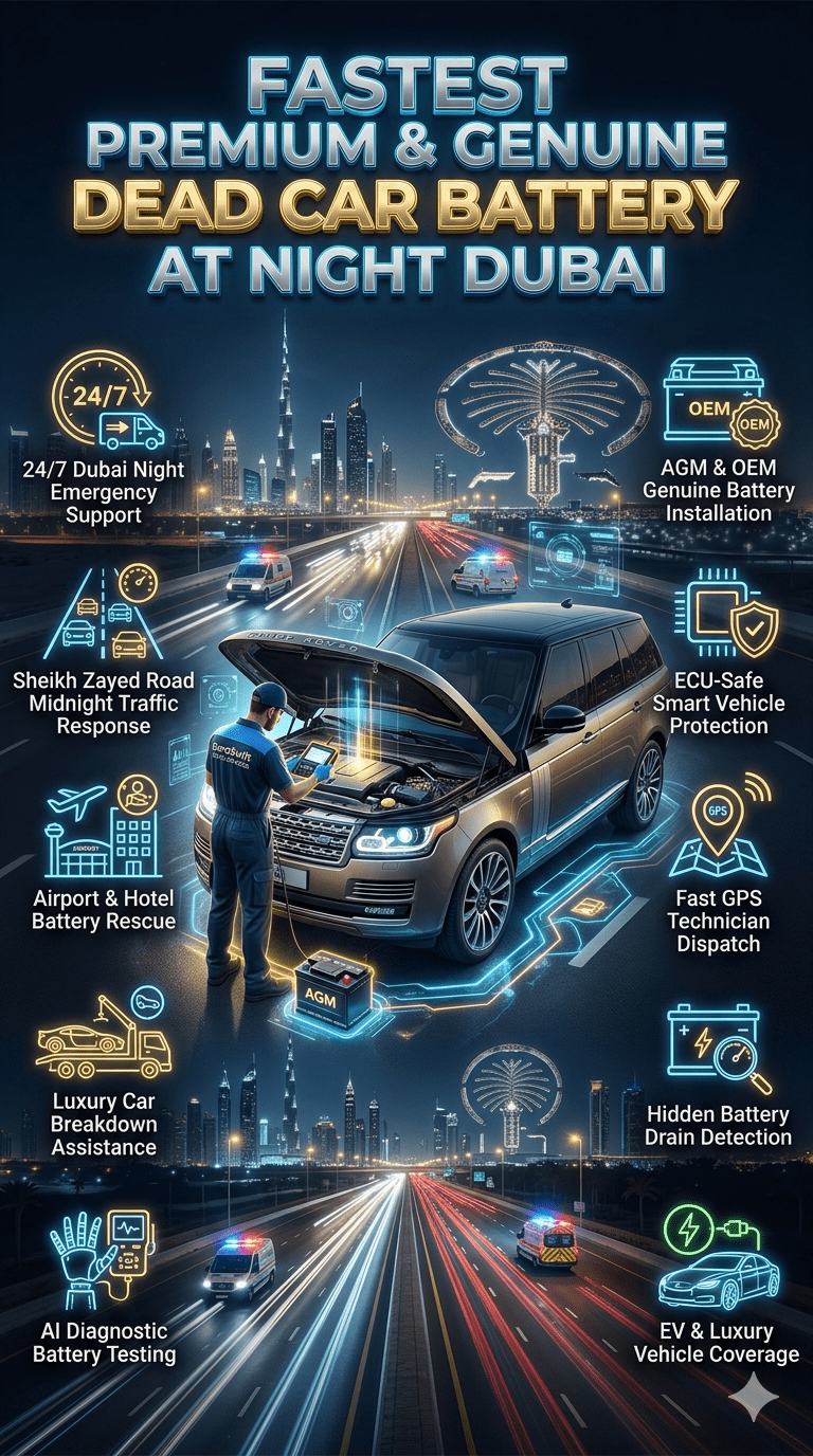 Luxury Dubai night roadside battery emergency showing mobile technician replacing dead car battery with AI diagnostics and premium automotive support service.