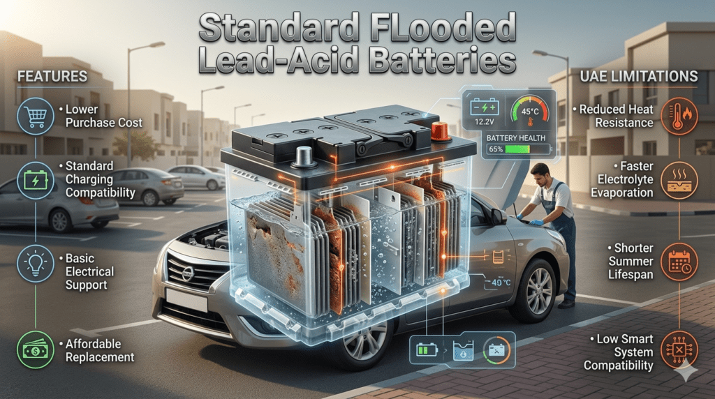 Standard Flooded Lead-Acid Batteries UAE Features and Limitations Standard flooded lead-acid car battery installed in economy vehicle showing features and limitations in UAE heat conditions with basic automotive diagnostic visualization.